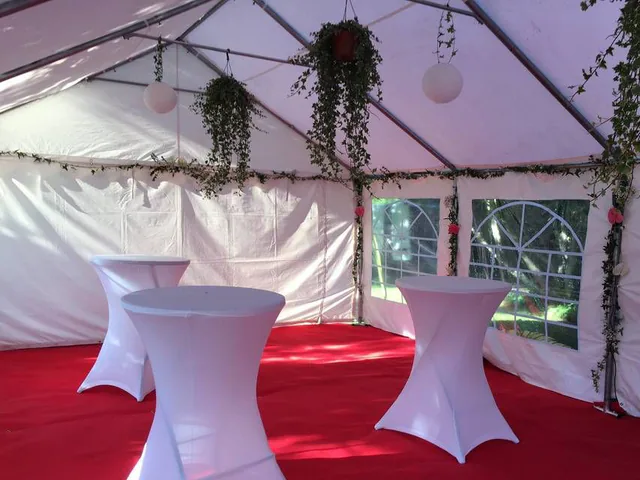 Tente de réception blanche avec mange-debout et moquette rouge